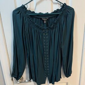 Rock & Republic Green Blouse with Ruffle Trim Lace up Front Size Large